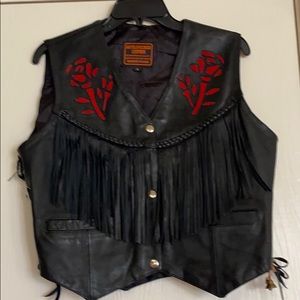 Moto Biker Black Rose leather fringe vest
